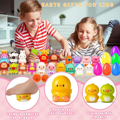 24 Pack Filled Easter Eggs for Kids Prefilled Egg Fillers Squishy Toys Stuffed Easter Eggs Easters Gifts Basket Stuffers for Kids Girls Toddlers Boys Non Candy Easters Egg Hunt Party Favors Animals