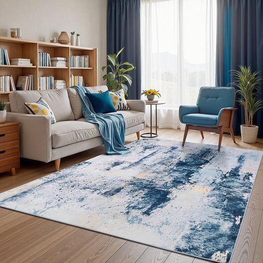Macgace Modern Abstract Rugs for Living Room, 5'x7' Machine Washable Area Rug with Non Slip Backing for Bedroom, Soft Floor Covering Contemporary Carpet for Dining Room Kitchen Home Office, Blue