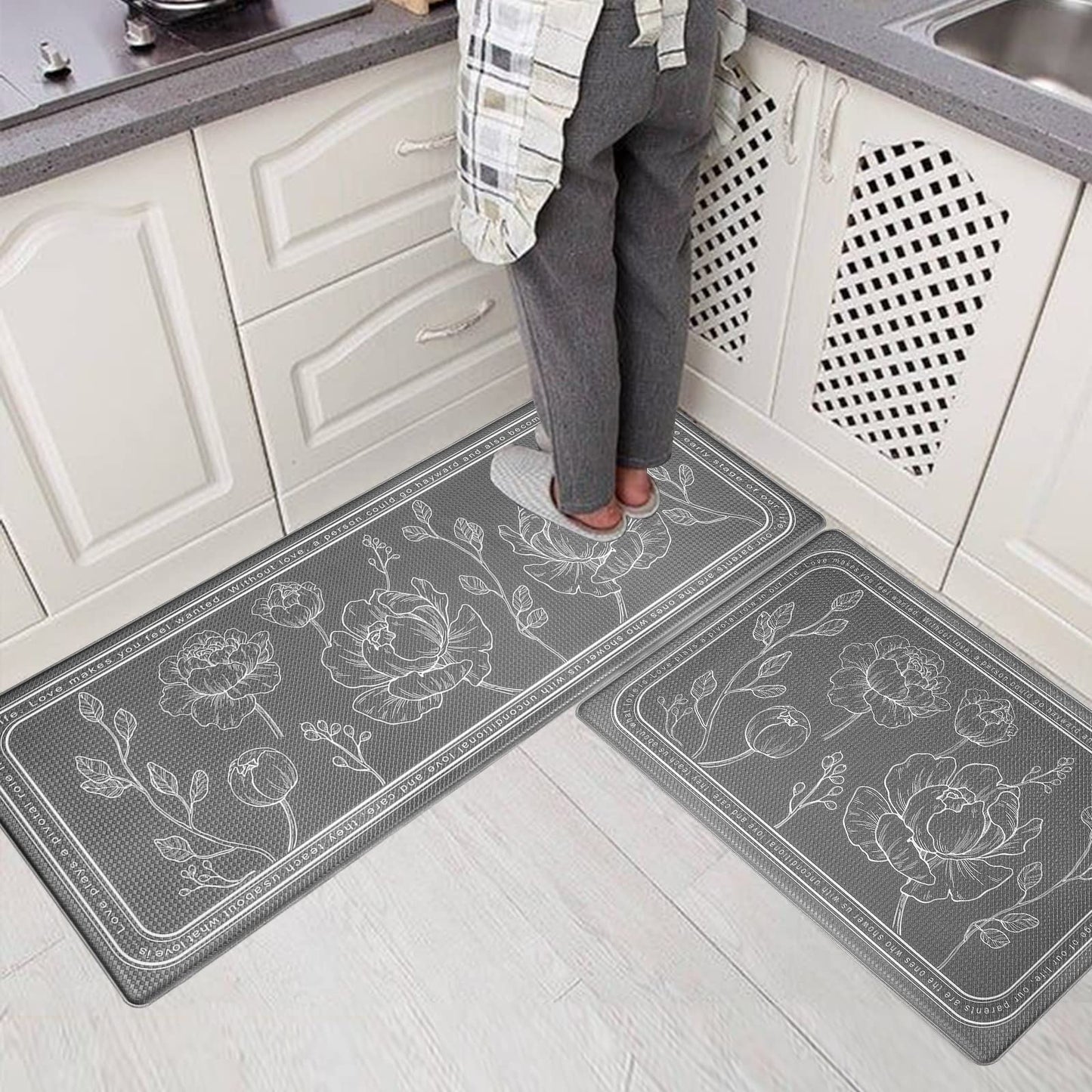 ROTTOGOON Kitchen Floor Mat Set of 2, Cushioned Anti Fatigue Mat 17"x47"+17"x29", Non-Slip Waterproof Rug, Premium PVC Comfort Mats and Rugs for Kitchen, Office, Home, Laundry