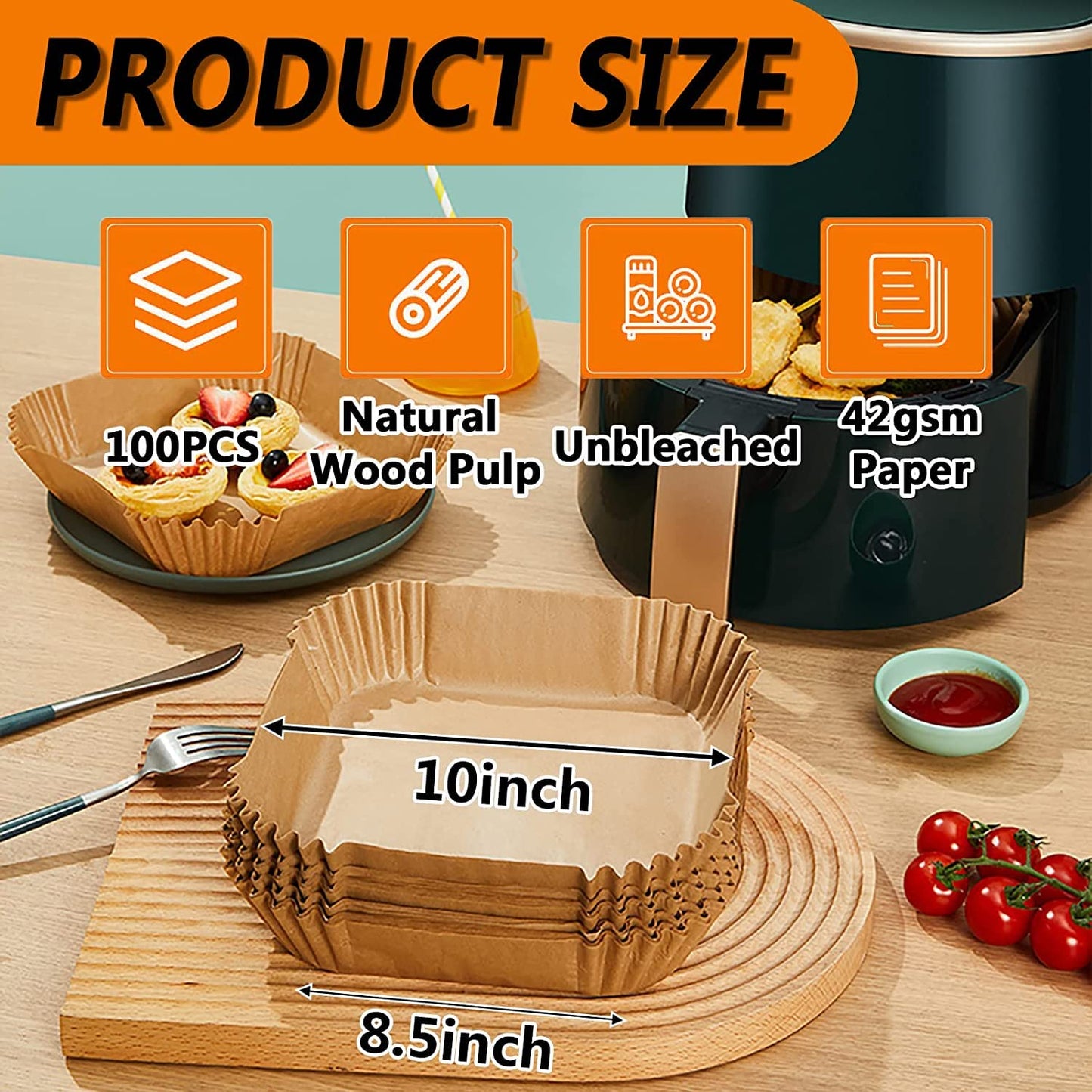 Air Fryer Liners Disposable, Large Airfryer Liners 10 Inch Square, Non-stick Air Fryer Paper Liners Oil Resistant, Waterproof Air Fryer Parchment Paper Liners for Roasting Microwave