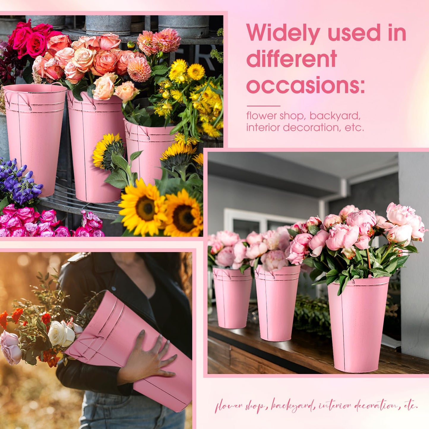 Irenare 12 Inch Vintage Galvanized Flower Bucket Metal Flower Vase Farmhouse French Bucket Planter Metal Floral Container for Party Table Centerpiece Weddings Home(Pink,6 Pcs)