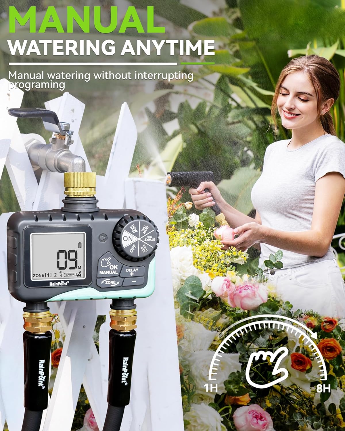 RAINPOINT 2-Zone Sprinkler Timer - Brass Inlet/Outlet for Automatic Irrigation System | Garden Hose Water Timer (Blue)