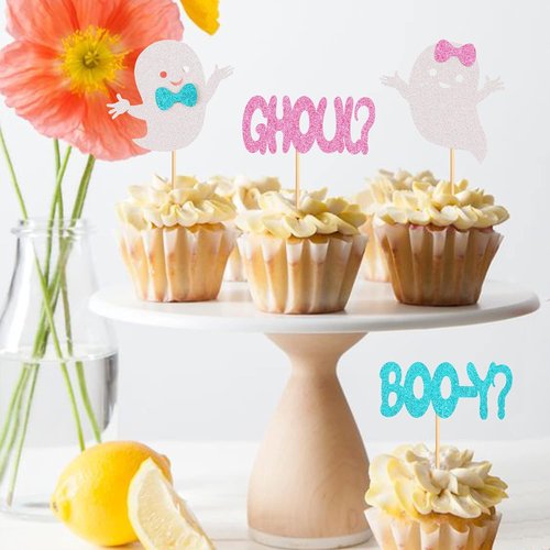 Ercadio Halloween Cupcake Toppers - 24 Pack Glitter Ghost Picks for Baby Showers & Gender Reveals
