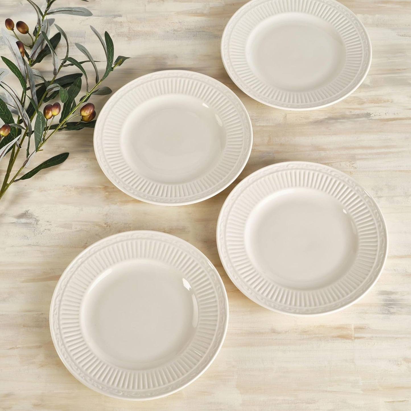Mikasa Italian Countryside Salad Plates - Set of 4 Classic Embossed White Porcelain, 8.25 Inch, Microwave & Dishwasher Safe