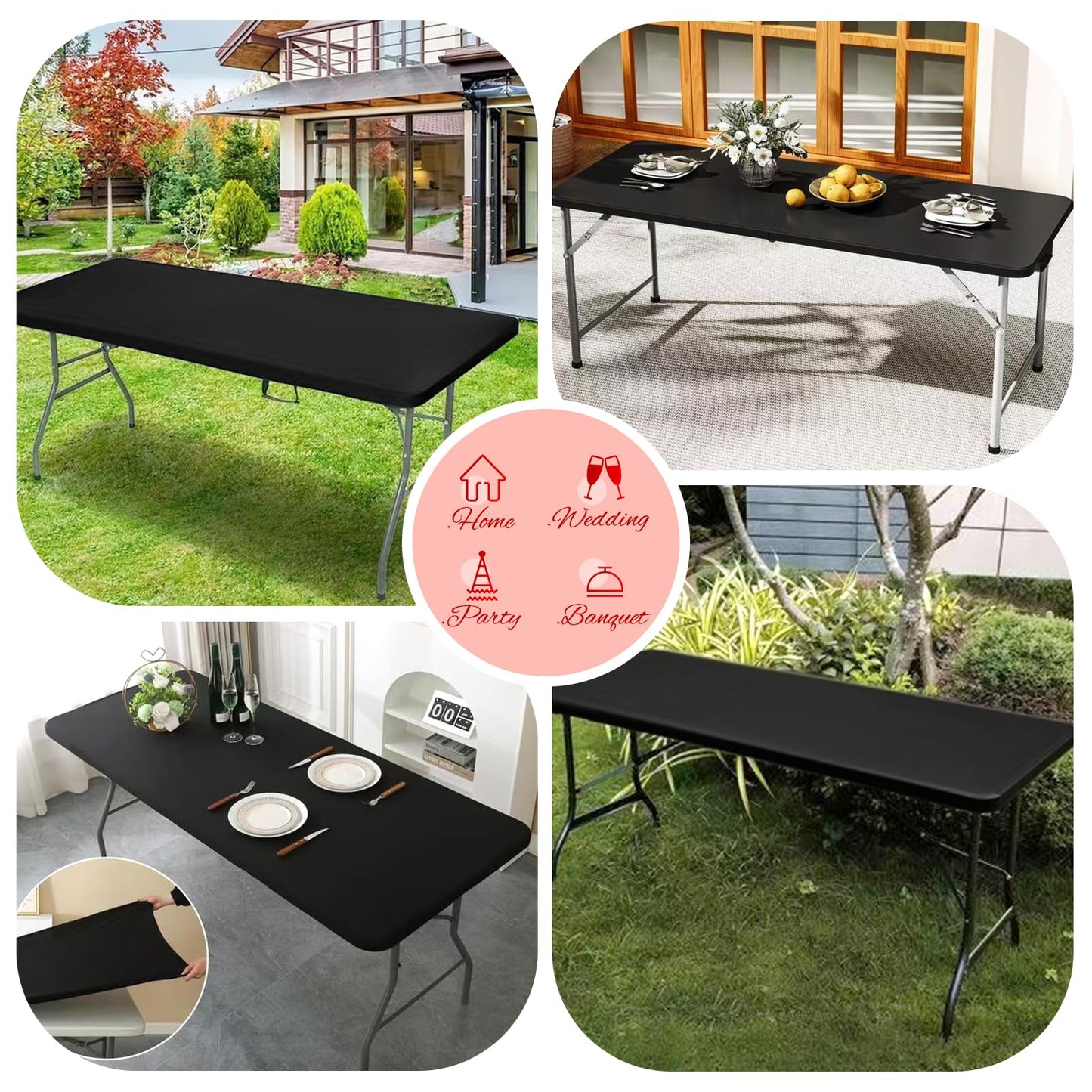10 Pack Stretch Fabric Table Top Cap Cover, fits 6Ft Tables, Spandex Table Covers Washable Elastic Universal Rectangle Tablecloth Protector for Indoor Outdoor Party Picnic Wedding, Black,30" W x 72" L