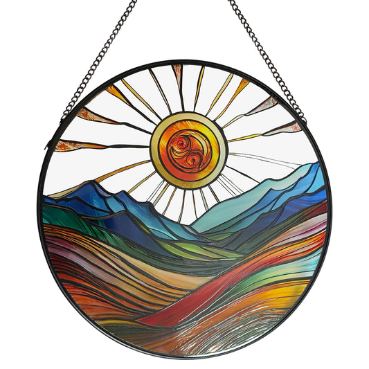 ZUSANG Sun Mountains Stained Glass Window Hanging, 9.8’’Sun Catcher Glass Panel Boho Wall Art Decor with Chain, Hand Painted Round Glass Gifts for Couples, Housewarming Gift