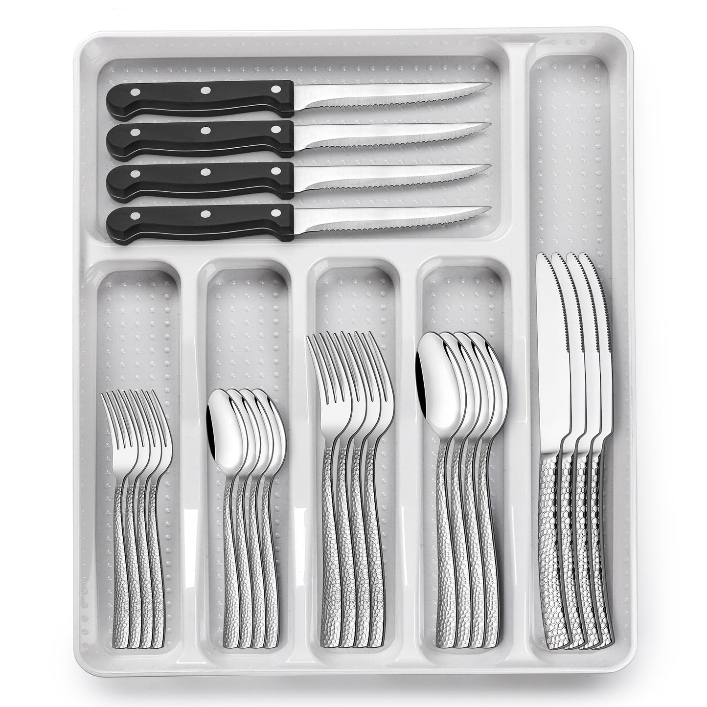 49-Piece Hammered Silverware Set with Organizer, Food-Grade Stainless Steel Flatware for 8, Cutlery Utensil Sets with Steak Knives, Rust-proof, Mirror Polished, Dishwasher Safe, Wave Hammered