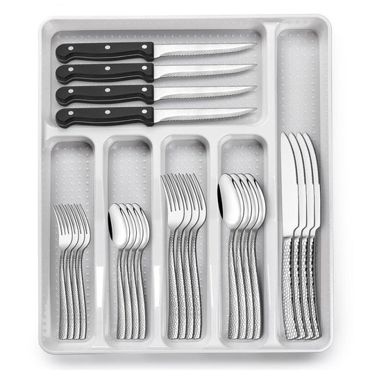 49-Piece Hammered Silverware Set with Organizer, Food-Grade Stainless Steel Flatware for 8, Cutlery Utensil Sets with Steak Knives, Rust-proof, Mirror Polished, Dishwasher Safe, Wave Hammered