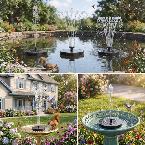 AMZtime Solar Fountain - 2026 Upgrade Bird Bath Water Feature with 6 Nozzles & 4 Fixed Rods | Perfect for Garden, Pool, Pond, and Patio