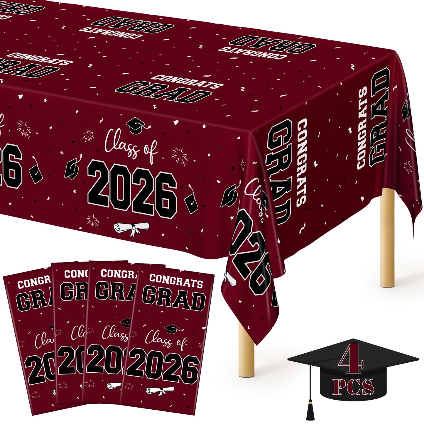 QZYL 4 Pack Graduation Table Decorations 2026, 54" x 108" Maroon Graduation Table Cloths, Disposable Grad Party Decorations for Class of 2026 Congrats Grad, Rectangle Plastic Tablecloth for College