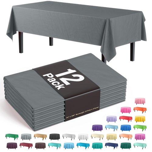 Exquisite 12-Pack Premium Plastic Tablecloth 54 Inch. x 108 Inch. Rectangle Table Cover - Silver