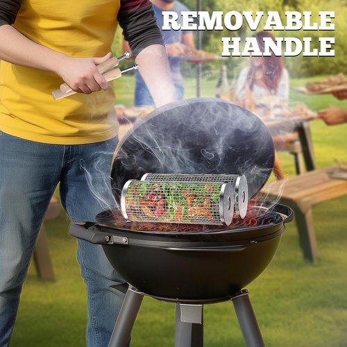 Ivtivfu Rolling Grill Basket - 304 Stainless Steel BBQ Tool with Removable Wooden Handle | Perfect for Outdoor Cooking and Camping
