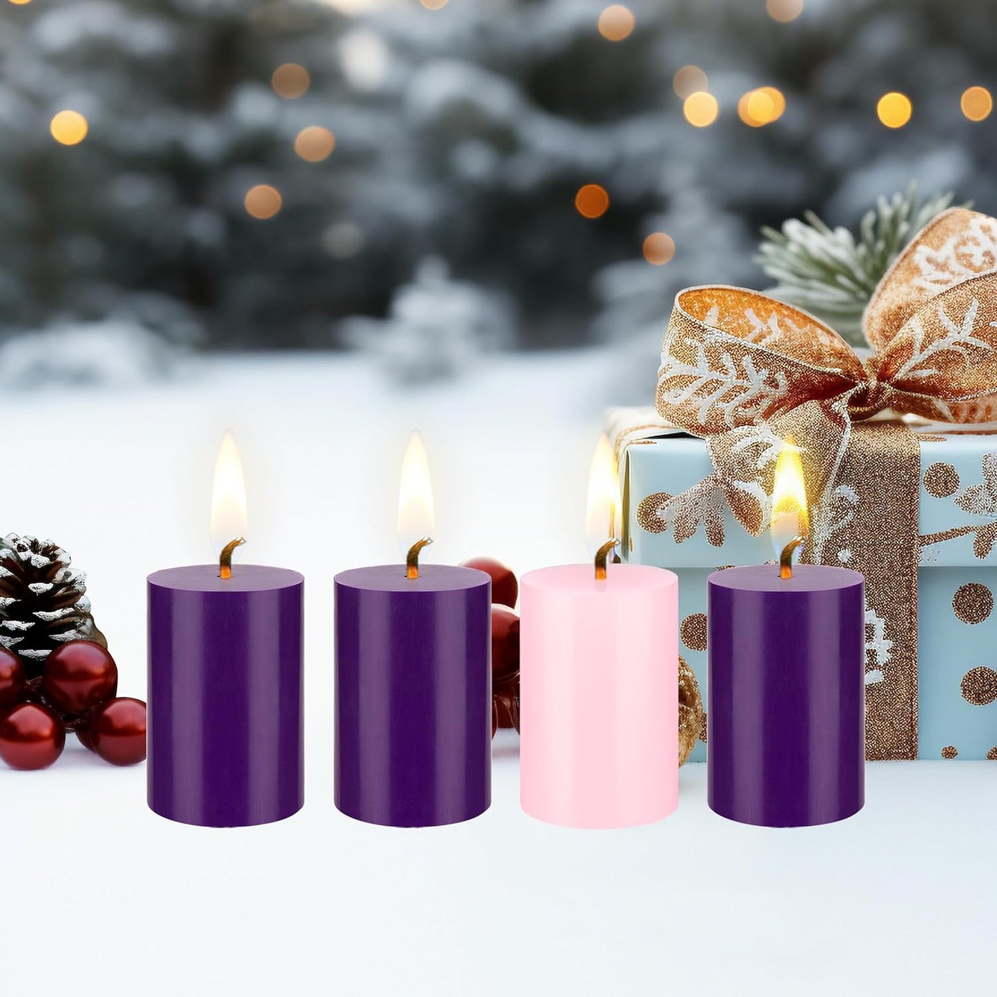 Unscented Christmas Advent Candles Set - 4 Hand Poured 2x3 Inch Premium Wax Pillars