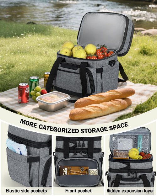 HORJONES Large Lunch Box for Men/Women Dual-Compartment Insulated Lunch Bag,Adults Expandable Leakproof Cooler Bag Lunch Tote with Adjustable Shoulder Strap for Work Camping Picnic,Grey 24-Can(14L)