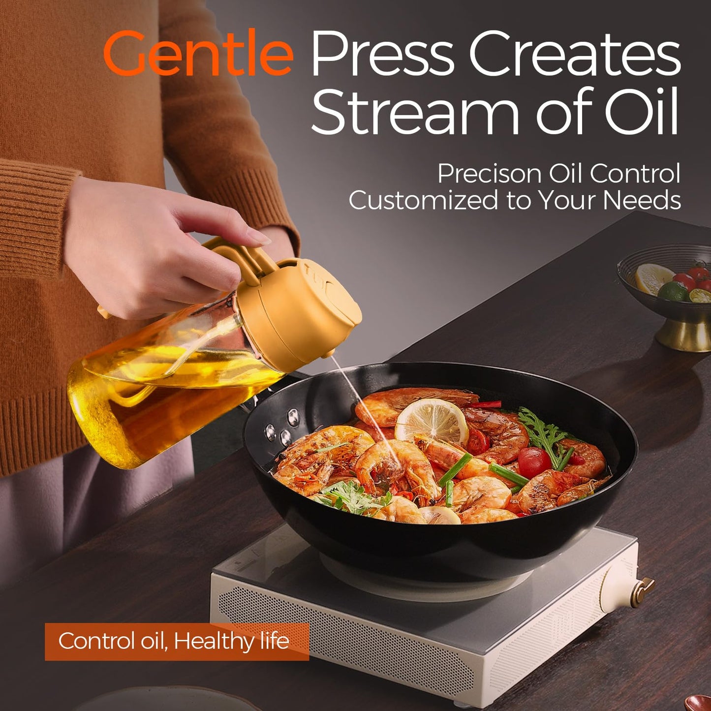 YARRAMATE 16oz/470ml Glass Olive Oil Sprayer for Cooking with Stickers, 2 in 1 Oil Dispenser for Kitchen Gadgets, Food Grade Premium Spray Bottle with Portion Control for Salad, Frying, BBQ (Orange)