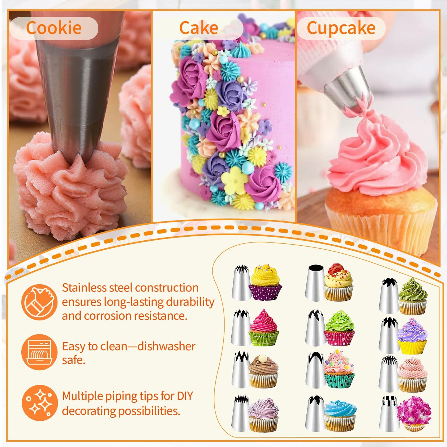 Large Piping Tips Set - 14pcs Reusable Stainless Steel Icing Nozzles Kit Cake Decorating Tools For Cupcake Cookie Pastrys Dough