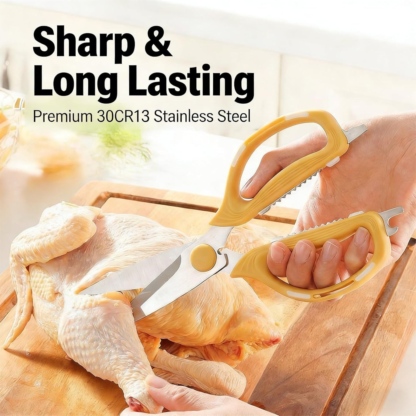 Skiennix Kitchen Shears - 8-in-1 Multifunction Japanese Stainless Steel Scissors | Dishwasher Safe, Comfort Grip, Yellow