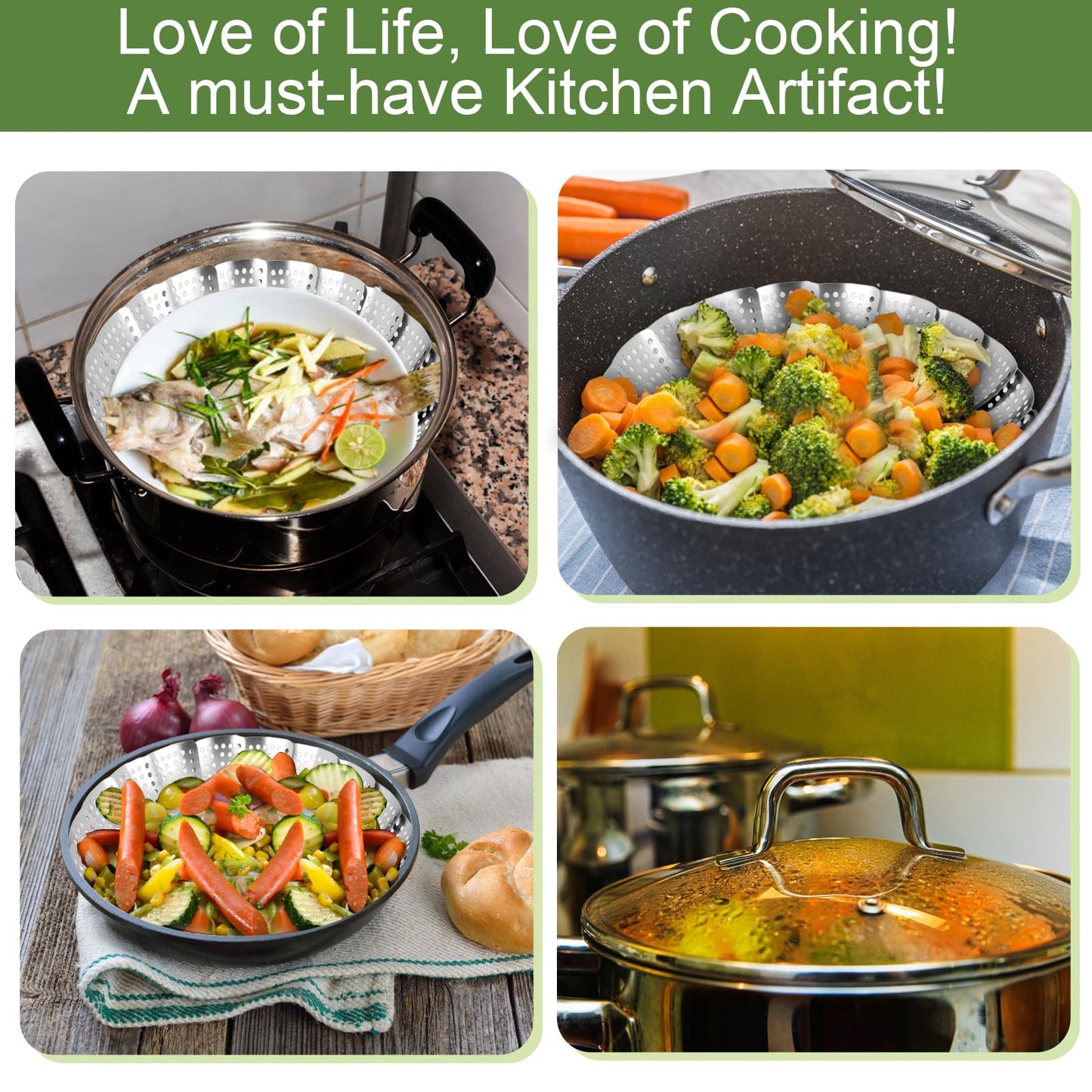 Steamer Basket for Cooking – Premium 304 Stainless Steel Steamer Basket, 3rd Gen Folding Expandable Steamers, Suitable for Cookware Pot, Fit for Fish Vegetables Pasta Eggs (Small (5.5“ to 9.05”))