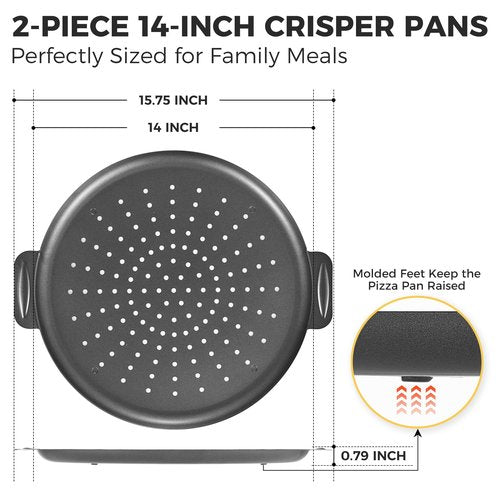 HONGBAKE 2 Pack Pizza Pan 14 Inch with Holes, Rust-Free Nonstick Pizza Pan for Oven, 0.8mm Carbon Steel Perforated Pizza Tray with Wider Handles, Round Baking Sheet for Frozen & Homemade Pizza, Grey