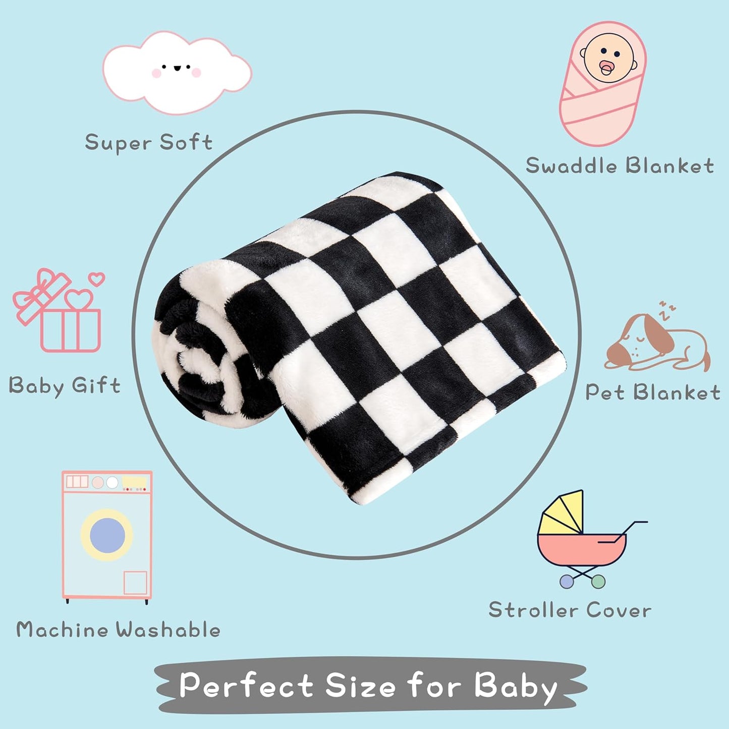 Yurhap Checkered Baby Blanket - Ultra Soft Fleece Receiving Blanket for Infants | 30''x40'', Black