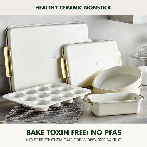 GreenPan Bakeware Set - 7 Piece Nonstick Ceramic Baking Set with Gold Handles | PFAS & BPA Free, Cream