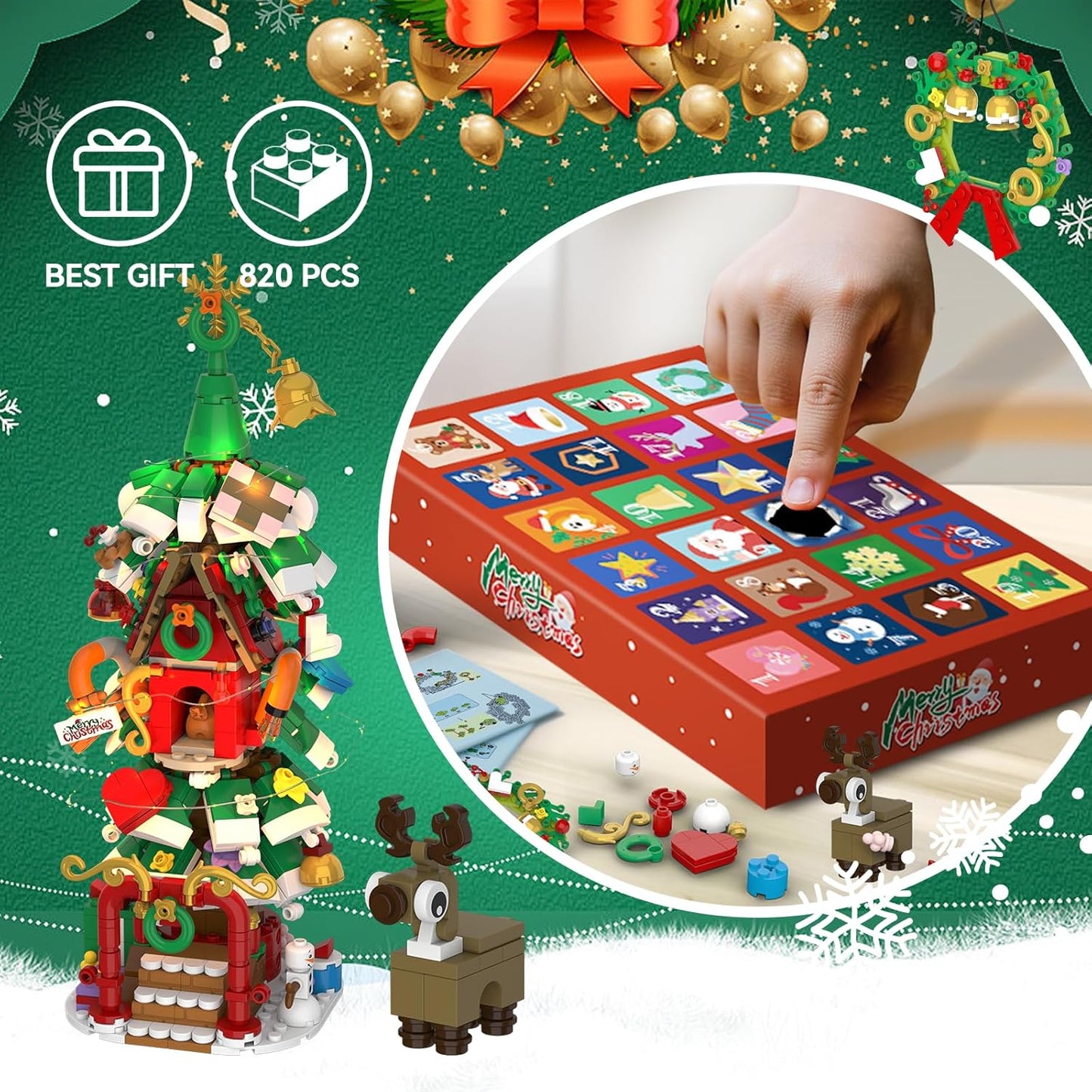 Advent Calendar 2025 - Christmas Tree House Building Set with LED Lights & Reindeer | 24-Day Countdown Kit