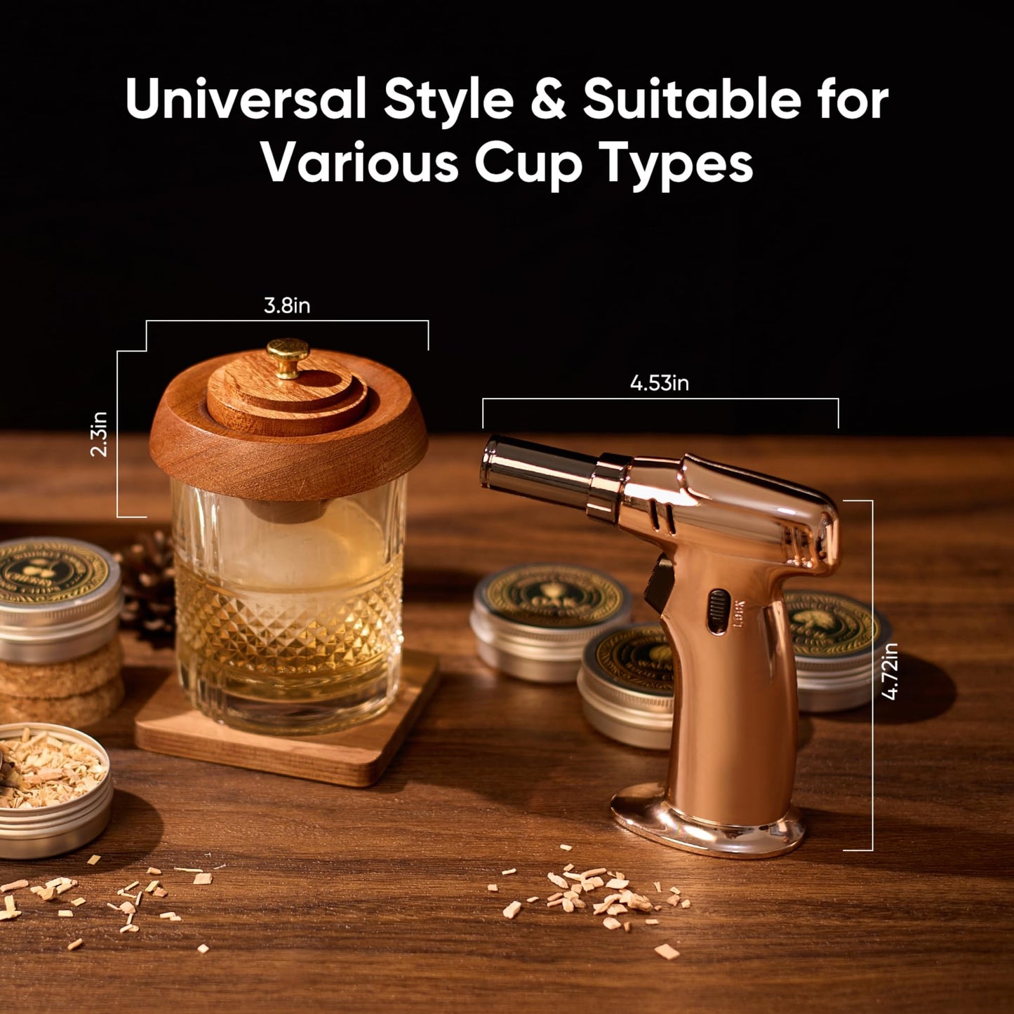 VYRONALEN Whiskey Smoker Kit with Torch, 6 Wood Chip Flavors, 2 Heavy Whiskey Glasses, 2 Ice Ball Molds, Cocktail Smoker Kit for Old Fashioned, Bourbon & Drinks, Gift Set for Men, Father (No Butane)