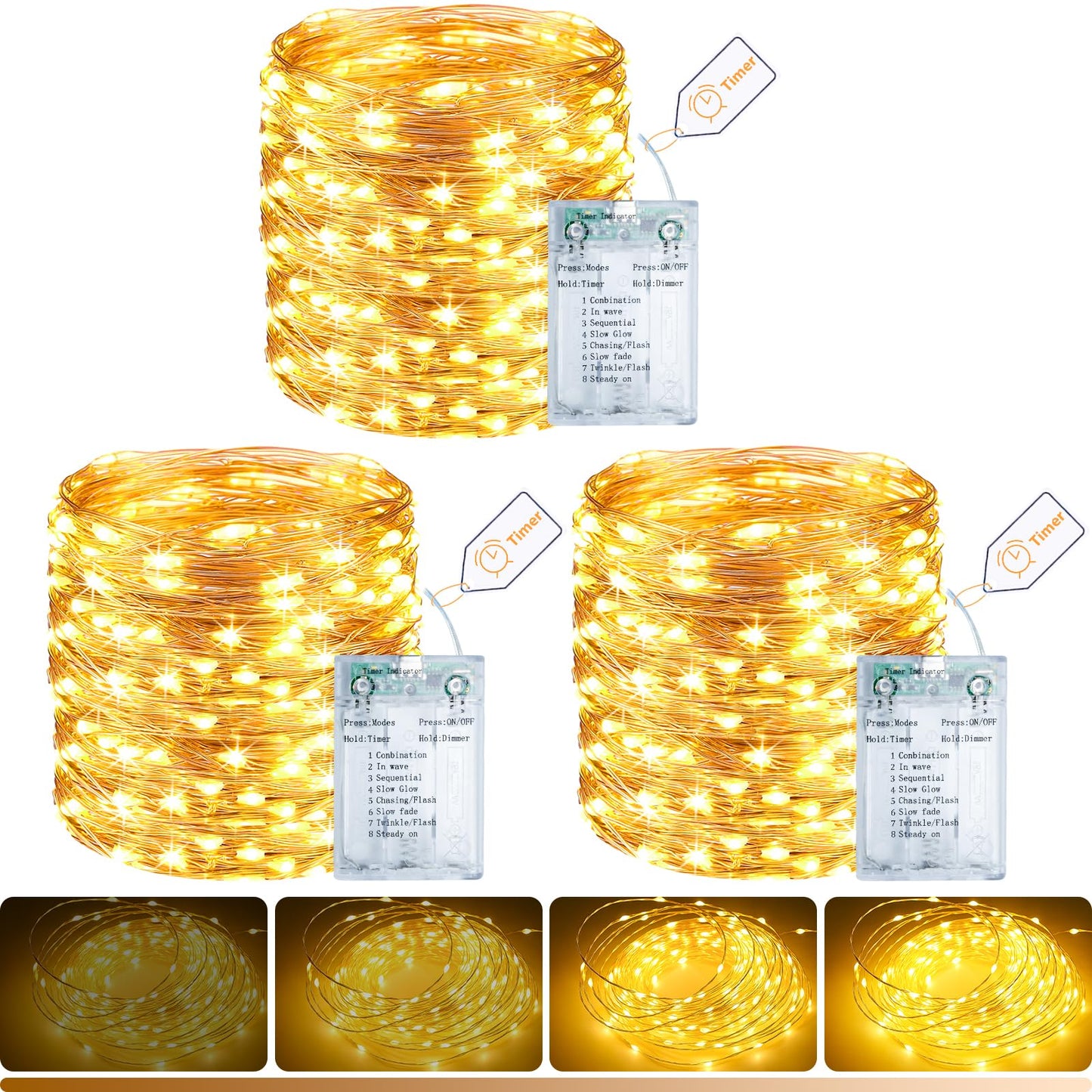 litogo 3 Pack Fairy Lights Battery Operated with Timer, 33FT 100LED USB-C Twinkle String Lights - 8 Modes Dimmable for Indoor Bedroom Centerpiece Wedding Classroom Dorm Christmas Decorations