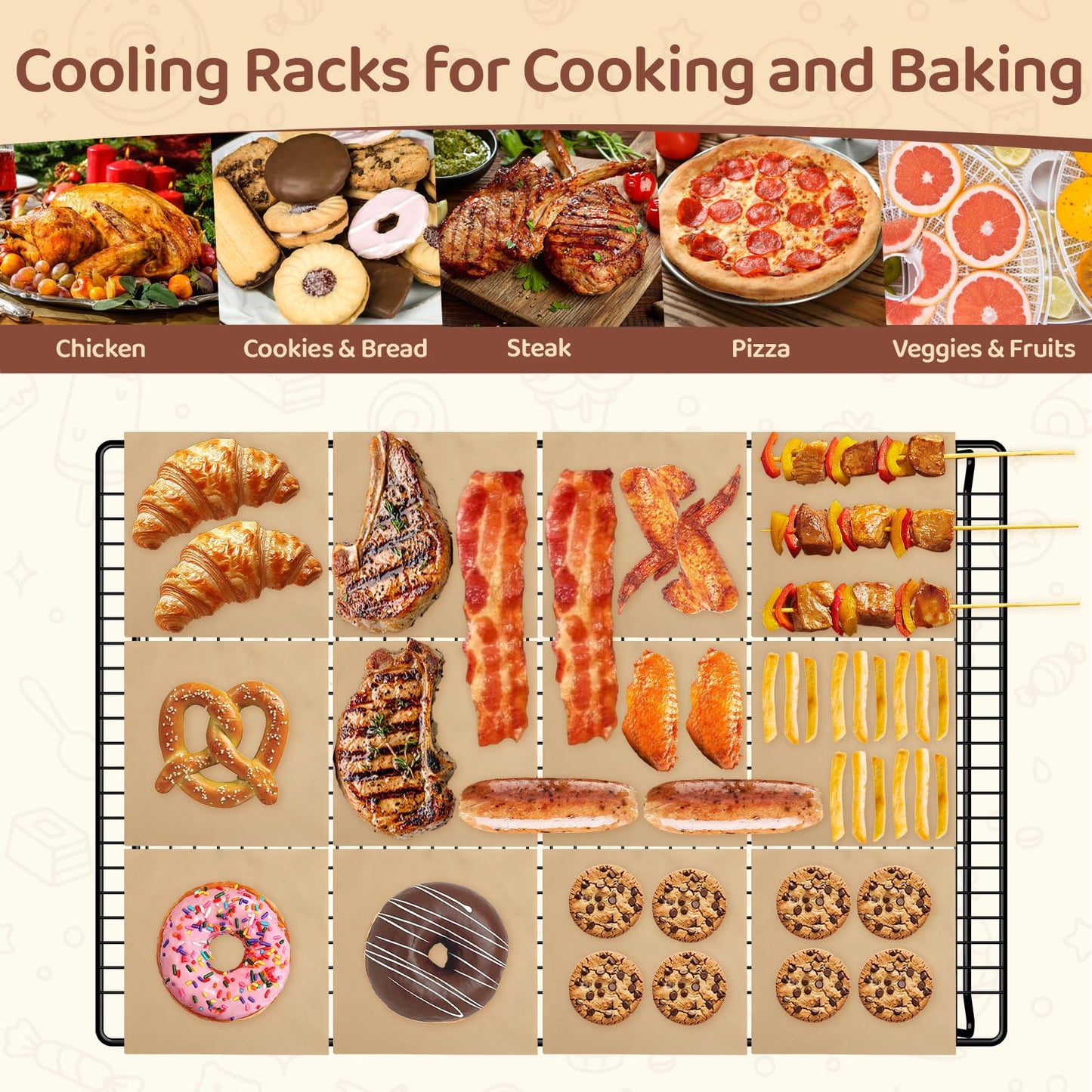 Vehookin 2 Tier Stackable Cooling Rack for Cooking and Baking, Wire Rack for Baking Sheet w/100 Parchment Papers, 16.7" x 11" Cookie Cooling Rack for Pizza, Bread,Cake,Veggie,Jerky, Drying Baking Rack