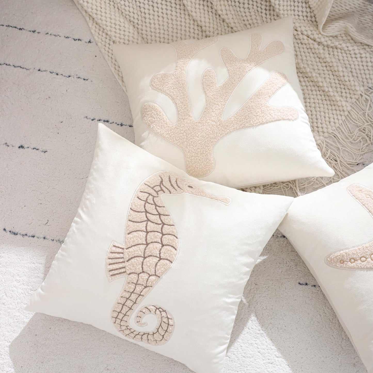 Tosleo Coastal Throw Pillow Covers 18x18 Pack of 2 Beige Seahouse Embroidered Pillow Covers Beach Velvet Pillow Cushion Cases Farmhouse Decor Ocean Themed Pillowcase for Summer