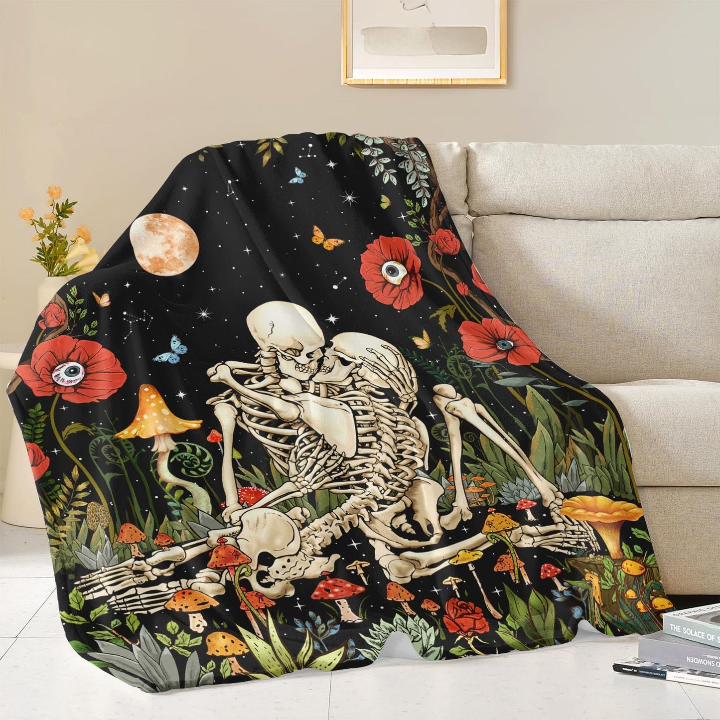 Leeisysme The Kissing Lovers Floral Fleece Throw Blanket, Hippie Skeleton Moon Mushroom Skull Flower Plants Romantic Cozy Decor Nap Blankets for Sofa Bed Couch Chair or Dorm Throws 50×60 inches