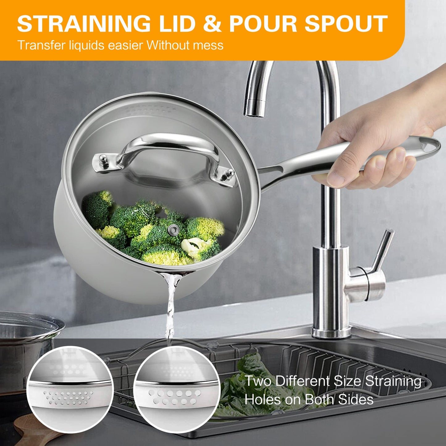 Stainless Steel Saucepan with Glass Lid, 2.0 Quart Multipurpose Sauce Pan, Sauce Pot with for Easy Pour with Ergonomic Handle