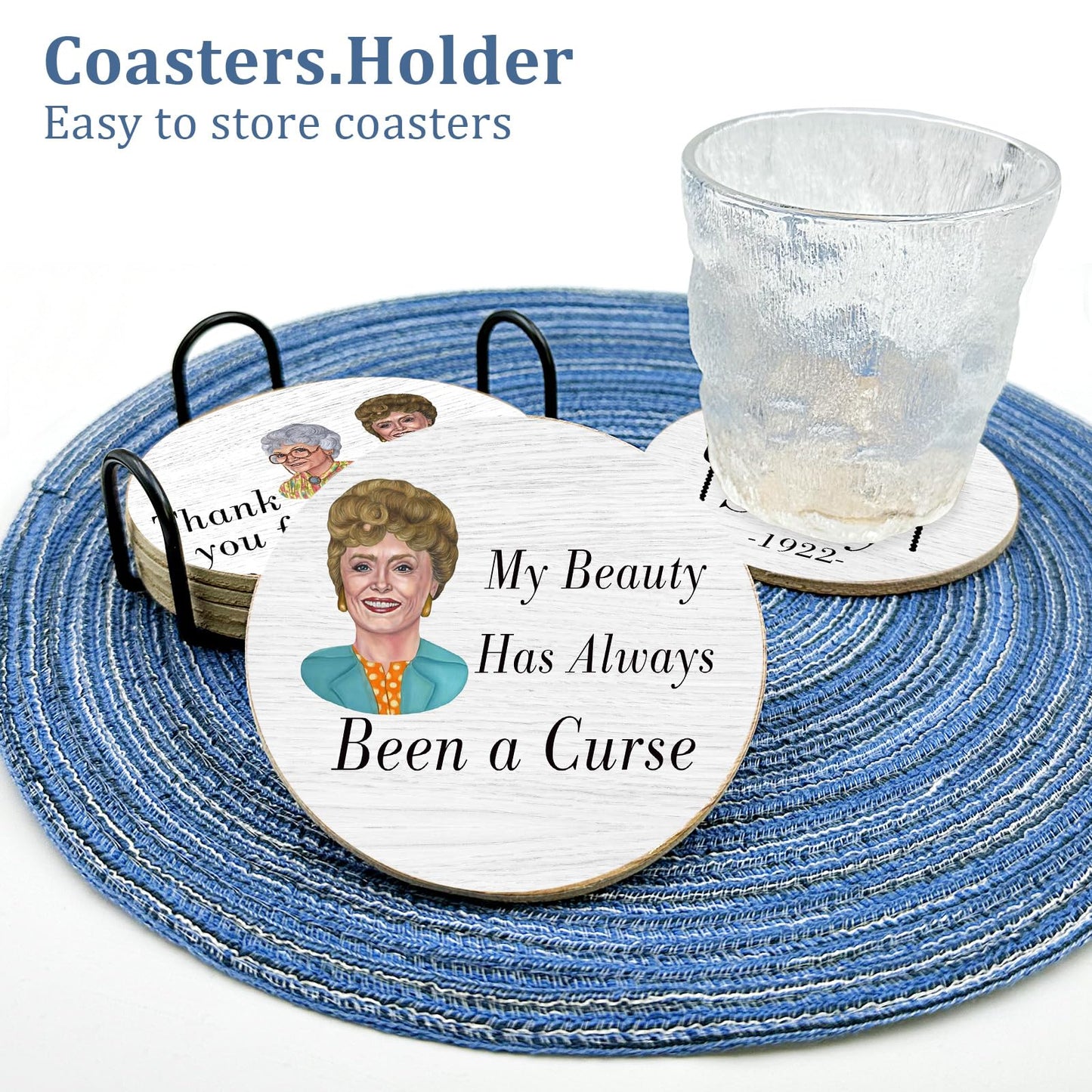 HSSPIRITZ 6 PCS Golden Girls Merchandise Cork Coasters for Drinks, Funny Coasters Set with Coaster Holder,Golden Girls TV Show Kitchen Decor Themed Coasters Gifts for Fans