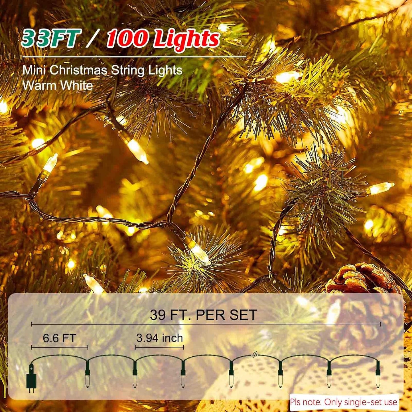 Minetom LED Christmas Lights - 39 FT Warm White Mini String Lights with Remote & USB Power Adapter | Perfect for Holiday Decor