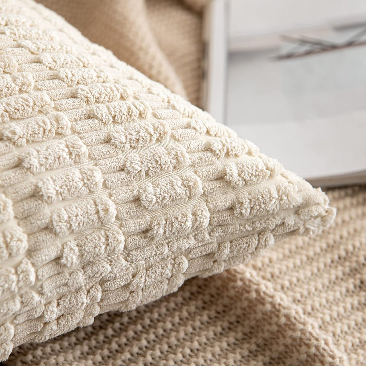 MIULEE Corduroy Throw Pillow Covers - Soft Boho Striped Design | 12x12 Inch Cream White Decor