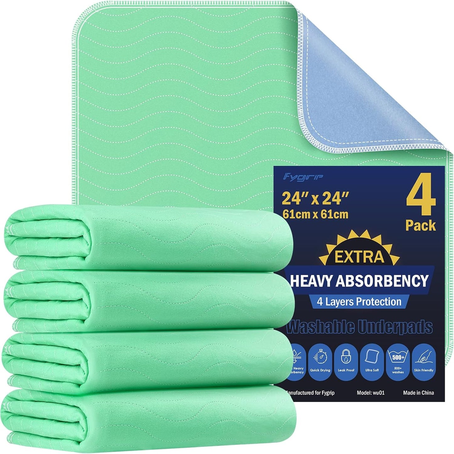 Skiennix 4 Pack Washable Underpads - Extra Heavy Absorbency Waterproof Bed Pads for Adults & Dogs | 24” x 24”