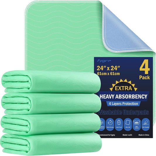 Skiennix 4 Pack Washable Underpads - Extra Heavy Absorbency Waterproof Bed Pads for Adults & Dogs | 24” x 24”