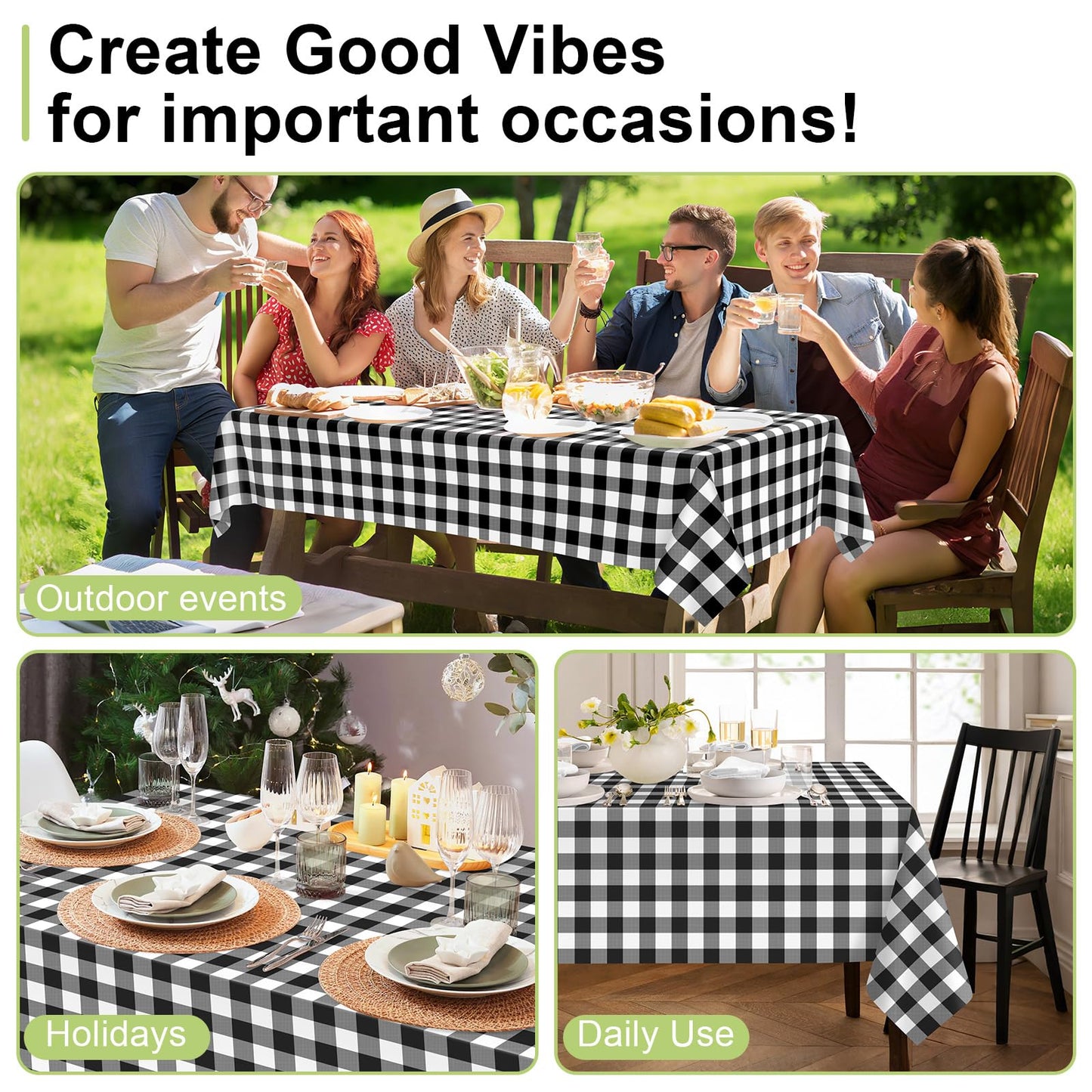 QIKSION Black Gingham Tablecloth Disposable 2 Pack, 54 x 108 Inch Black and White Checkered Table Cloth for Picnic, Outdoor BBQ Decorations, Birthday Party Supplies, Rectangle, Plastic Table Cover