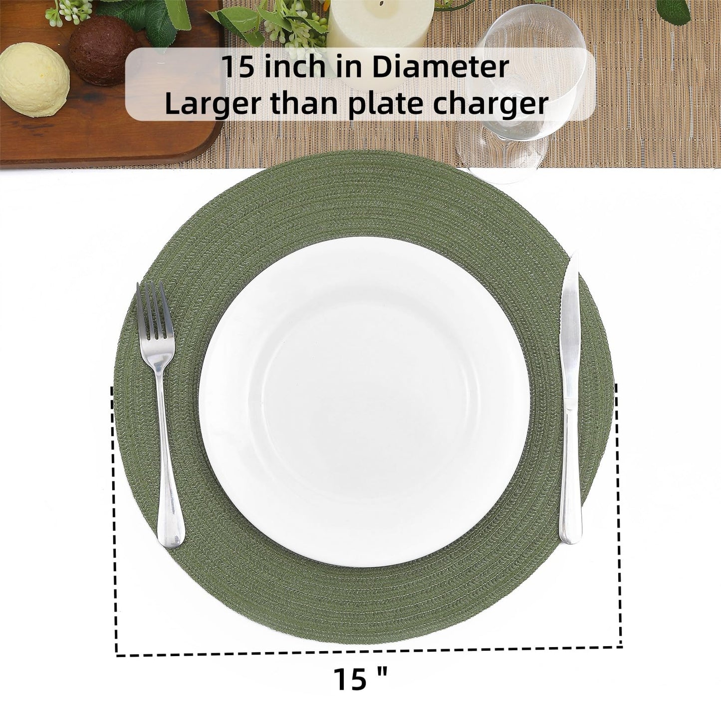 SHACOS Round Placemats Set of 12 Washable 15 inch Round Table Mats Cotton Polyester Woven Braided Place Mats for Dining Table Wedding Party Decor (Olive Green, 12)