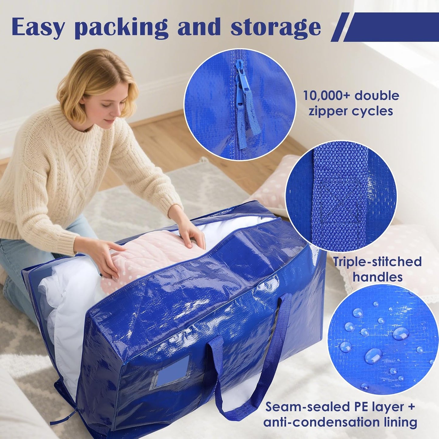 Skiennix Extra Large Moving Bags - 93L Heavy Duty Waterproof Storage Totes | 6 Pack for Home Organization & College Dorms - Blue