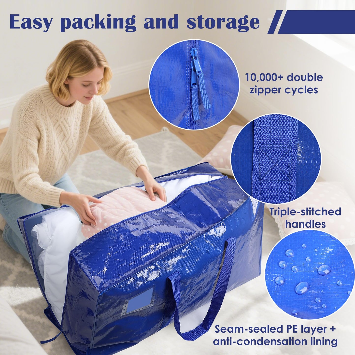 RMOHRO 12 Pack Moving Bags with Full-Open Side Zipper, Extra Large 93L Heavy Duty Waterproof Foldable Storage Totes for College Dorm, Moving & Home Organization Blue