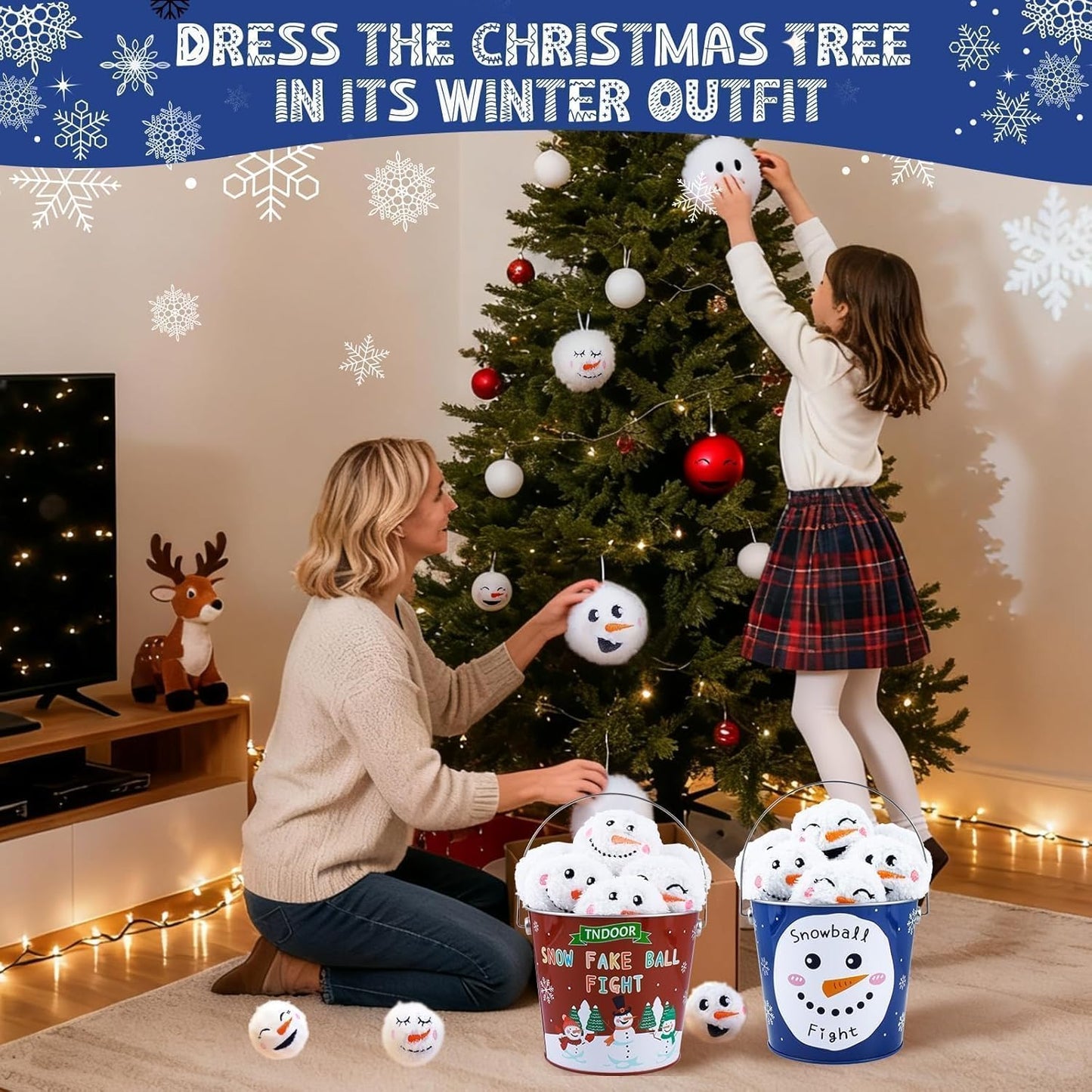 Snow Fake Balls - 2.8 Inch Smiling Snowman Face Snowballs | Metal Bucket for Indoor/Outdoor Winter Fun