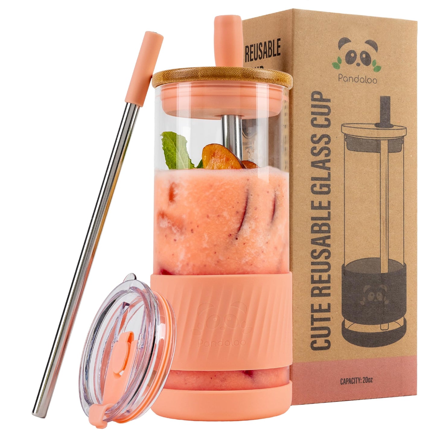 Pandaloo® Glass Cups With Lids and Straws -20 Fl Oz- Perfect Size Iced Coffee Cup - Smoothie Cup With Bamboo Lid and On the go Lid (Peach Fuzz, 1 Count (Pack of 1)