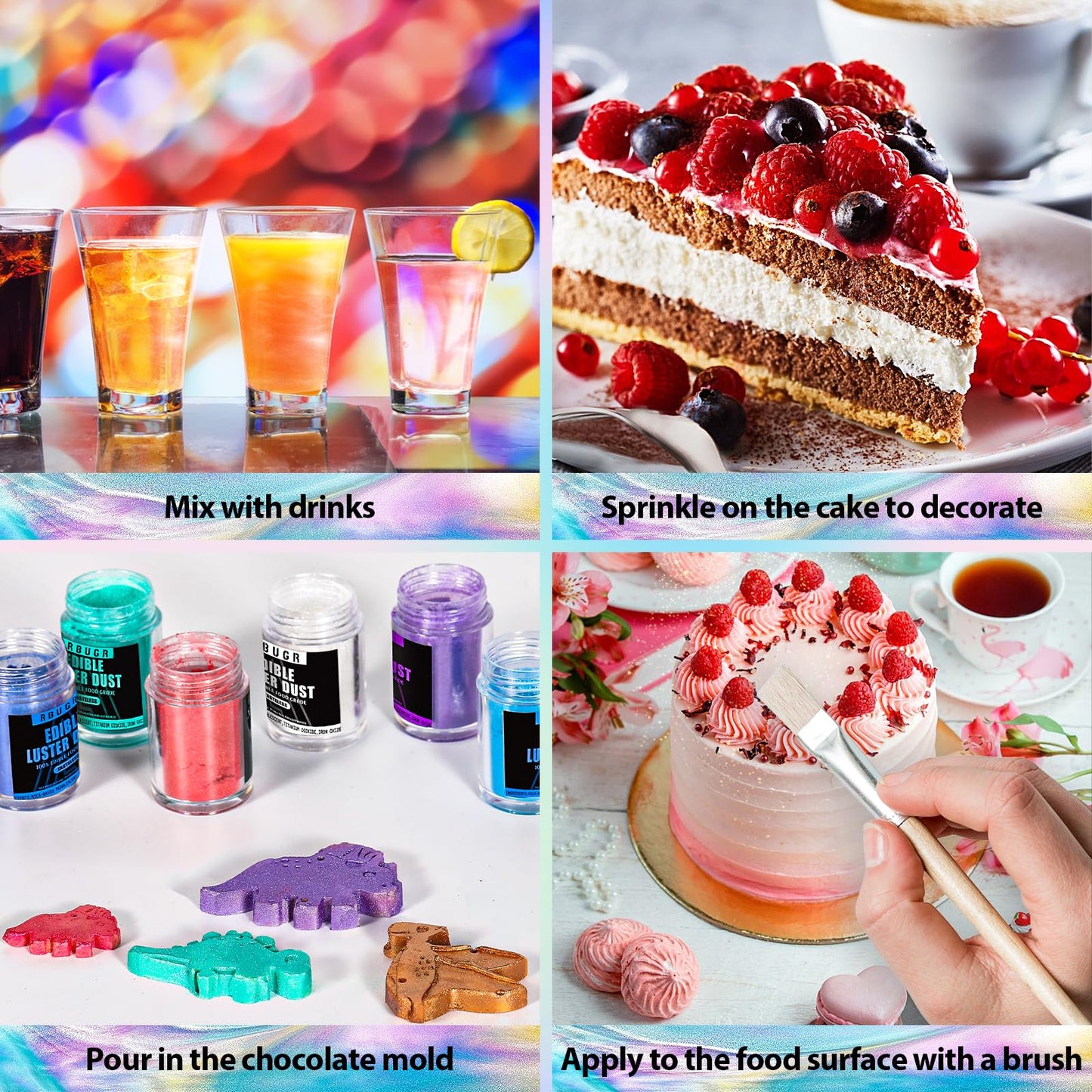 RBUGR Luster Dust Edible, 12 Colors Edible Glitter Pack, Cocktail Food Glitter Edible Dust, Vegan Edible Shimmer, Drink Powder for Cakes Cookies Chocolates Baking（4g/0.14oz）