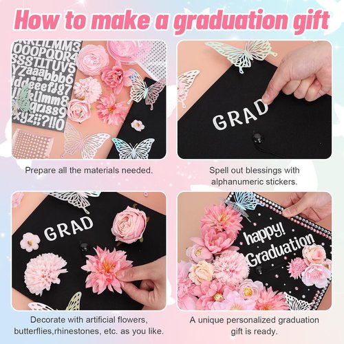 FYSUIMU Graduation Cap Decoration Kit - DIY Pink Grad Hat Toppers with Flowers & 3D Butterfly Stickers