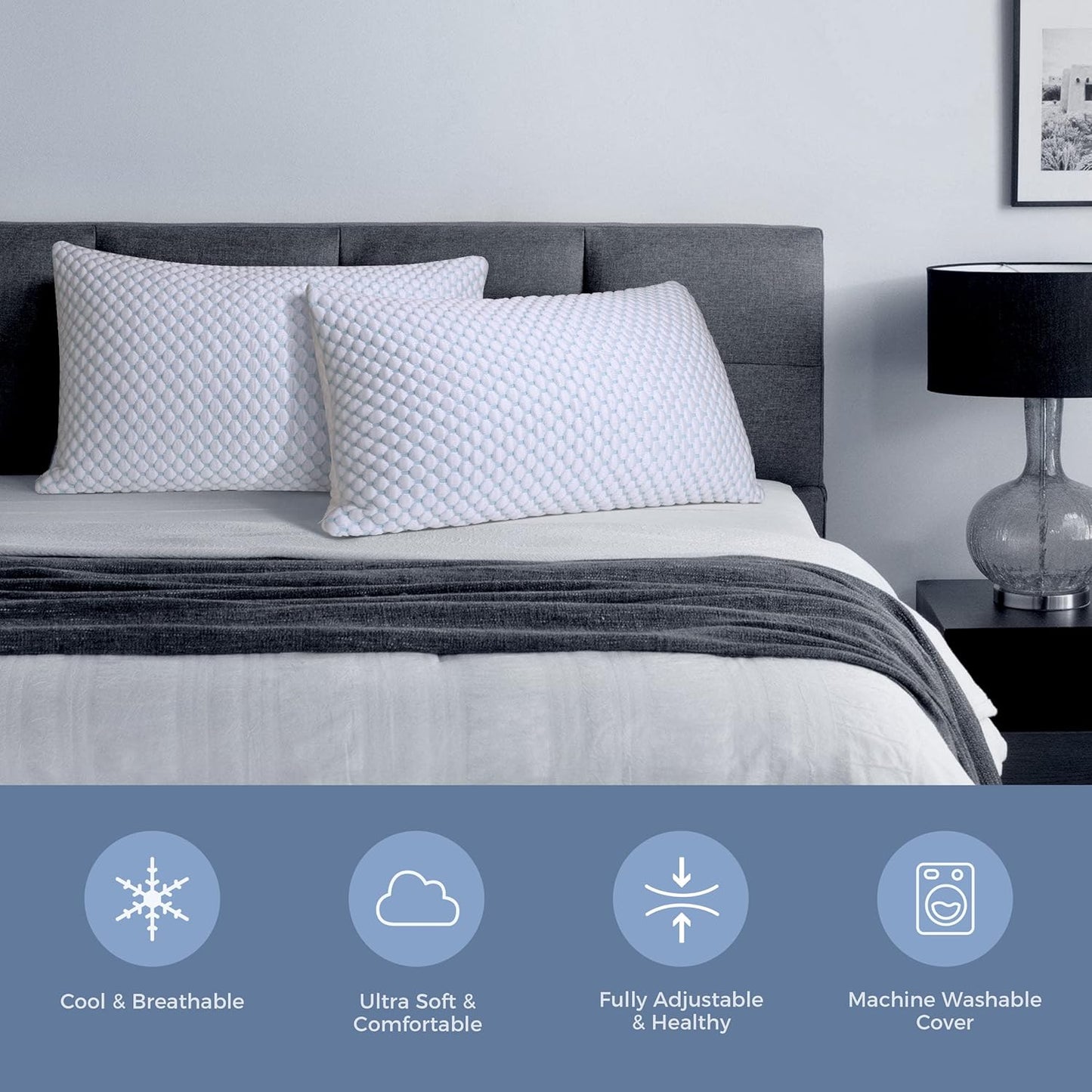 OSBED Cooling Memory Foam Pillows - Adjustable Queen Size Set of 2 | Temperature-Regulating & Hypoallergenic