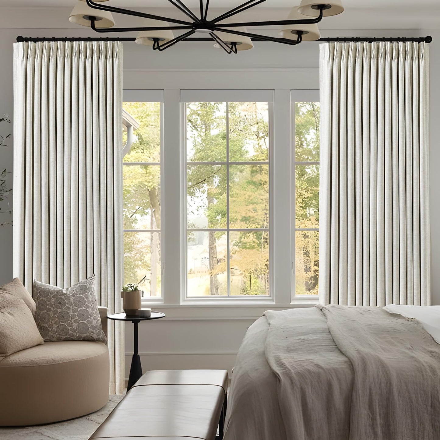 IVAPUPU Pinch Pleated Linen Blackout Curtains for Bedroom, Natural Full Black Out Curtains 84 Inches Long for Living Room Darkening Thermal Insulated Neutral Pleat Drapes with 16 Hooks, 2 Panels