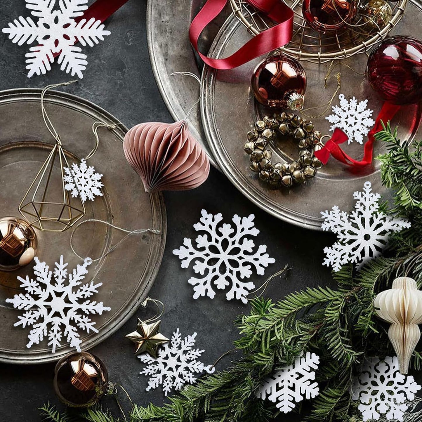 NEWMIAO Snowflake Ornaments - 36pcs Glitter Plastic Christmas Tree Decorations | 5 Unique Patterns