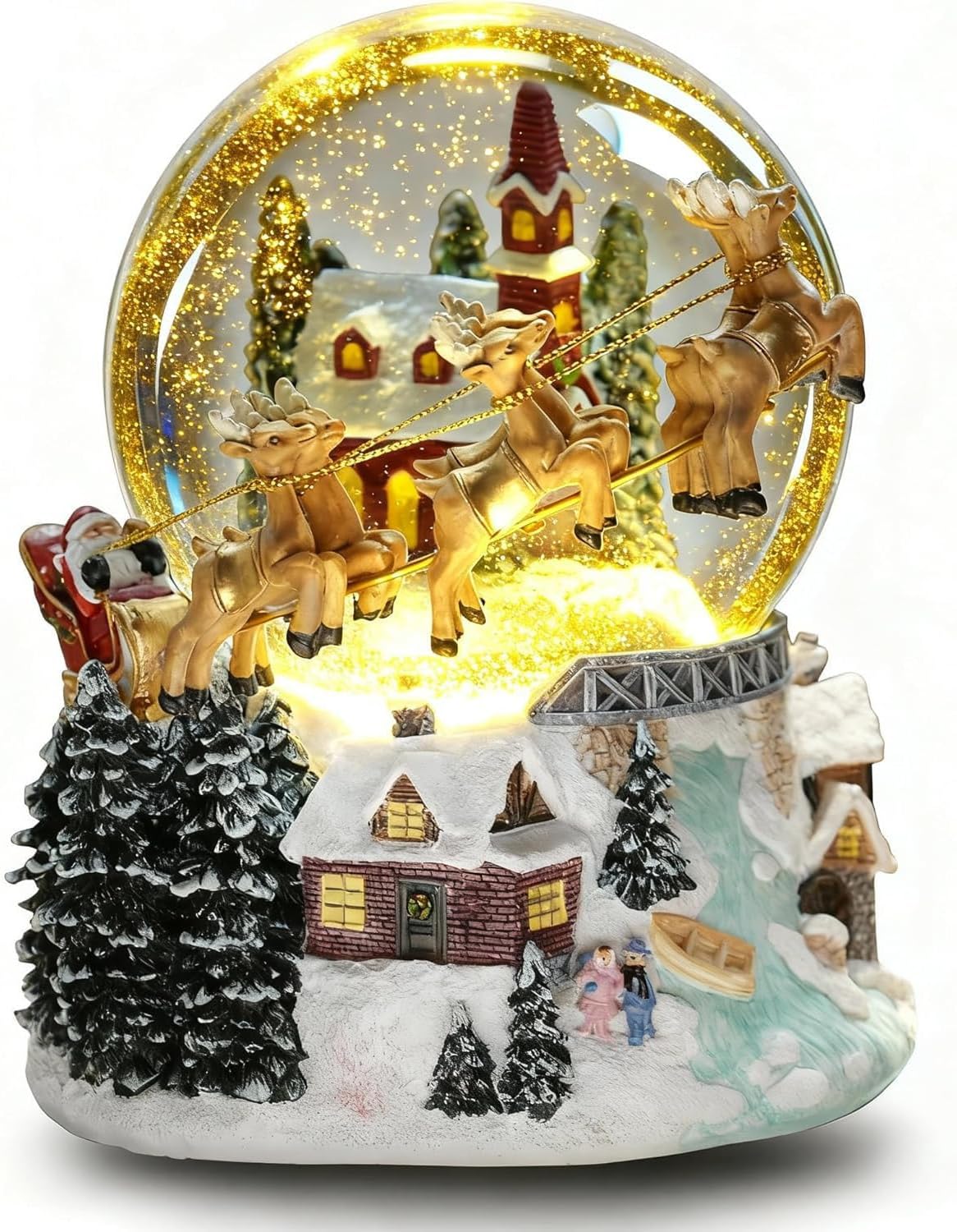 Skiennix 7'' Christmas Snow Globe - Light-Up Musical Decoration with Santa Sleigh & Reindeer
