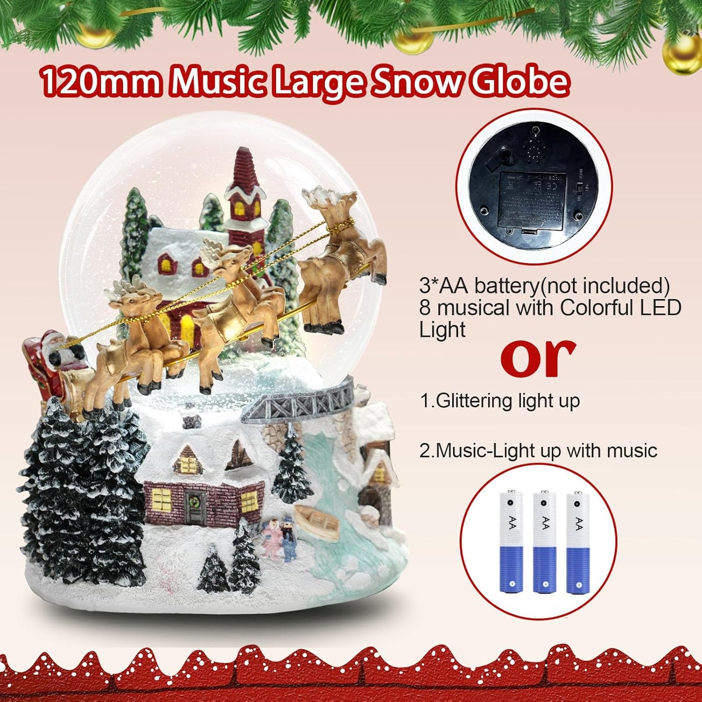 Skiennix 7'' Christmas Snow Globe - Light-Up Musical Decoration with Santa Sleigh & Reindeer